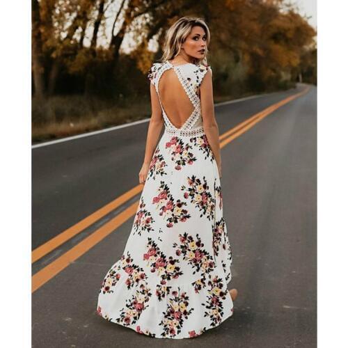 Elegant Brand Womens Boho Maxi Long Dress Party Bohemian Beach Holiday Sundress Flower Sexy Backless Dresses