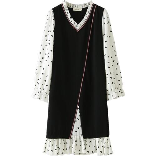 Woman Autumn Dress Lady One-piece Female Long Sleeve Dresses Ruffle V-neck Loose Print Oversize Clothing F33 2036