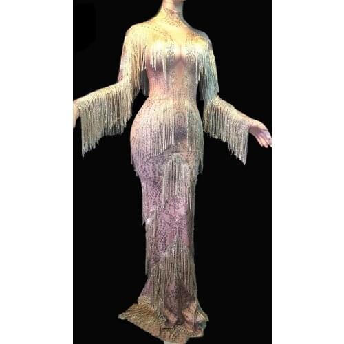 Golden Rhinestones Fringes Dress Stage Wear Singer Evening Performance Tassel Long Dresses Prom Birthday Celebrate Party Dresses