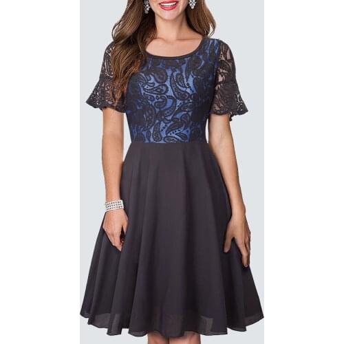 Women Retro O Neck Chiffon Swing Party Classic Paisley Lace Patchwork Black A Line Dress 1HA052