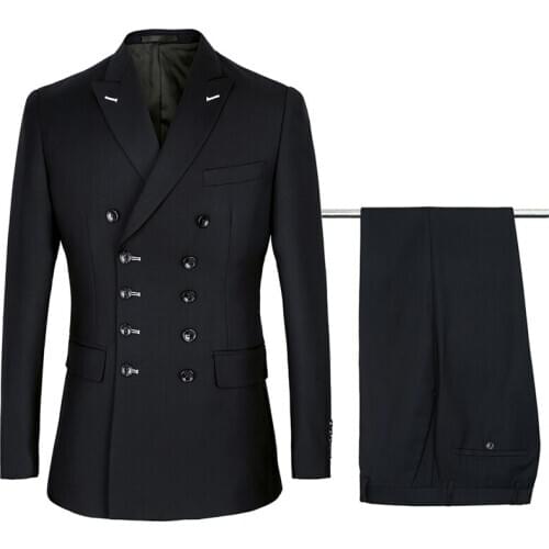 2020 Men Suits Slim Fit New Fashion Suit Double Breasted Peak Lapel Navy Blue Black Wedding Groom Party Prom Skinny Costume