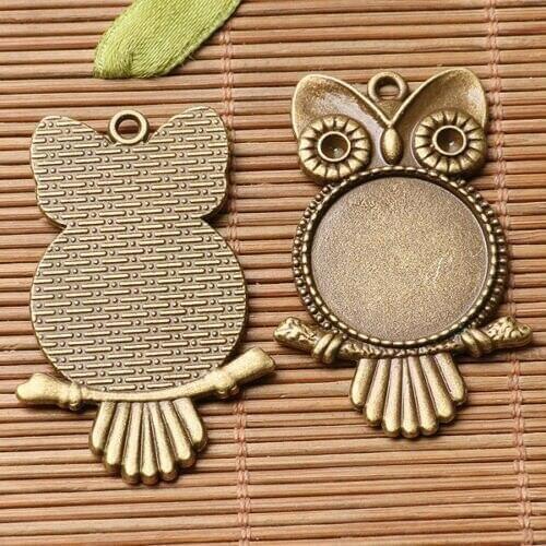 3pcs crafted owl cabochon settings Single-sided design PICK tibetan silver and antiqued bronze color