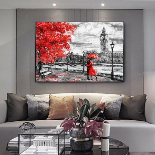Abstract London Street Landscape Canvas Oil Painting Wall Art Posters Prints Lovers Under the Red Umbrella Pictures Home Decor