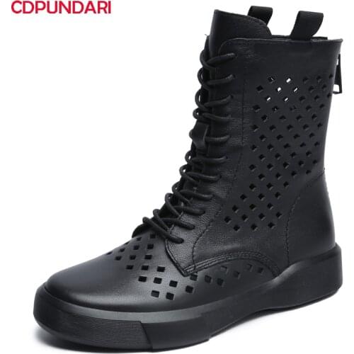 Ladies White Black Hollow Genuine Leather Flat Platform Ankle Boots For Women Summer Short Boots Shoes Bottines Femme