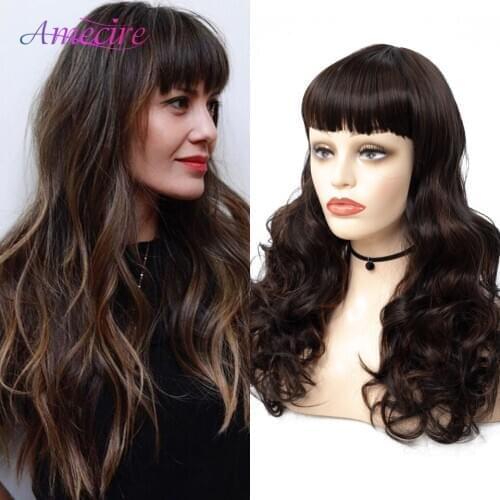 Long Synthetic Wave Wig For Black Women Ombre Brown Long Wave Wigs With Bangs Heat Resistant Natural Looking