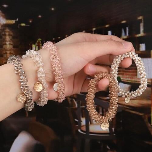 Elegant Crystal Scrunchie Elastic Hair Ties For Women With Pearl Solid Color Headwear Girl Bracelet Jewelry Hair Accessories