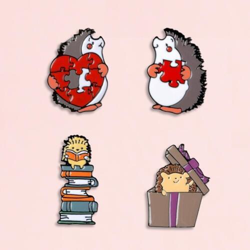 Hedgehog Enamel Pins Heart Puzzle Book Gift Box Badge Brooch Denim Jean Clothes Cartoon Animal Jewelry Gift For Friends Kids