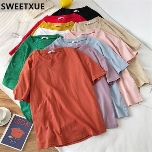 Casual Cotton Basic T-shirt Women Korean Loose Summer New Tee Shirts Female Solid Ladies Summer Tops Harajuku O Neck Female Tops