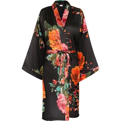Womens Short Floral Satin Kimono Robes for Bride and Bridesmaids Silk Summer Bathrobe V Neck Wedding Gift Shower Robe Sleepwear