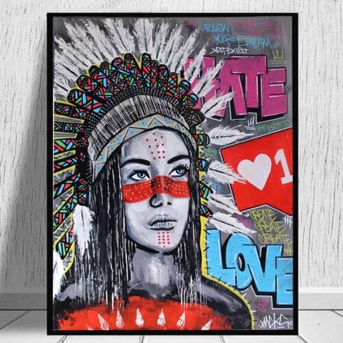 Native Feathered Women Graffiti Art Canvas Painting Colorful Posters and Prints Street Wall Art Picture for Living Room Decor