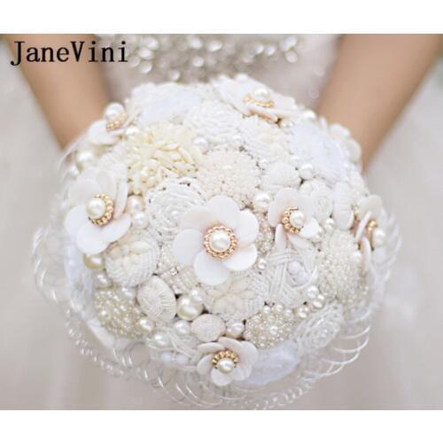 JaneVini Luxury Jewelry White Flower Wedding Bouquet Crystal Beaded Bridal Bouquets Pearls Silk Wedding Flowers Bruiloft Boeket
