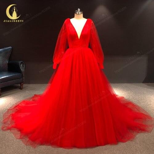 JIALINZEYI Rhine Red V Neck Big Sleeves Tulle Train Party вечерние платья New Evening dress 2021