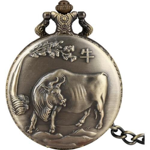 Retro Men Women Pocket Watches Chinese Zodiac Cattle Pattern Pendant Necklace Fob Watch Full Hunter Steampunk relogio de bolso