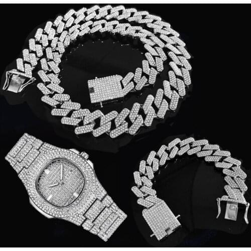 3pcs Kit Hip Hop 20MM Bling Iced Out 3 Row Full Rhinestones Gold Cuban Link Chain Necklace+Watch+Bracelet For Men Charm Jewelry