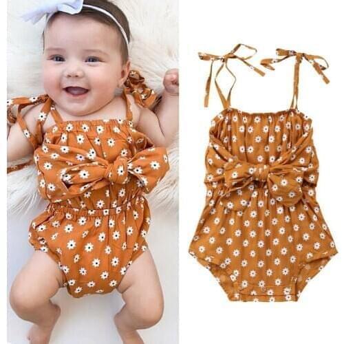 2020 Newborn Infant Baby Girls Summer Causal Swimsuit Sleeveless Belt Floral Print Brown Bow Belt Clothes 0-24M