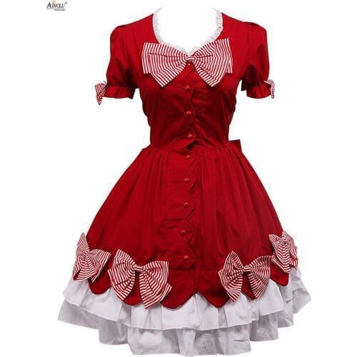 Hot Selling Spring/Summer/Autumn/Winter Ainclu XS-XXL Womens Cotton Red Bow Sweet Classic A-line Lolita Dress With White lacy