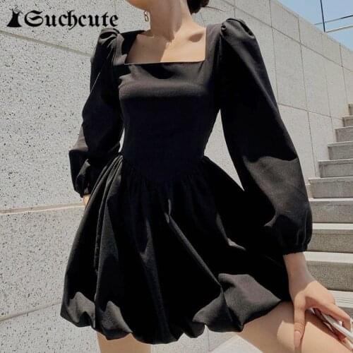 SUCHCUTE Gothic Black Ball Gown Mini Dress Kawaii Slim Elegant Party Outfits Ladies Evening Dresses Long Sleeve Solid Streetwear