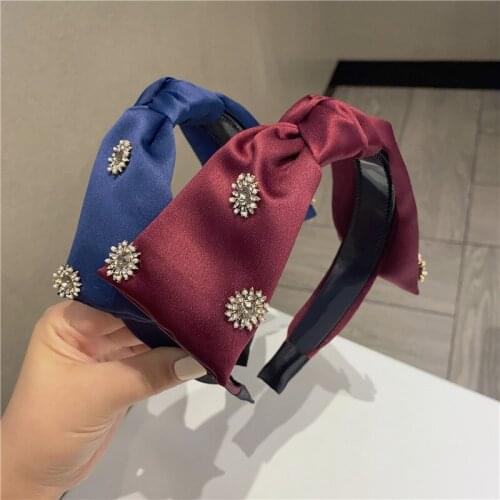 Solid Silk Satin Bow Headband Crystals Women Elegant Bowknot Hairband Toothed Not Slip Ladies High End Hair Ornament Hair Bow