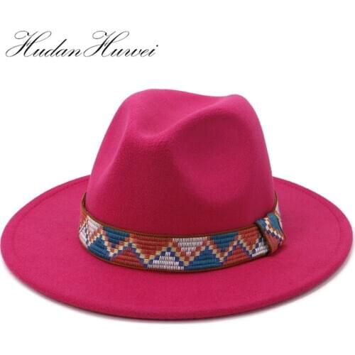 Unisex Cotton Solid Men Women Jazz Panama Woolen Fedora Hat with Flat Wide Brim Elegant Church Caps