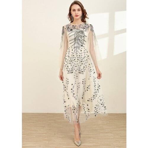 2021 Spring Summer Dress Mid Calf Long Sleeve Empire Crew Neck Flora Print Fashion Dress Embroidery