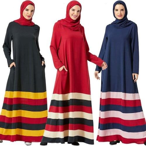 Turkey Big Swing Maxi Hijab Dress Women Striped Muslim Dresses Pockets Vestidos Kaftan Abaya Dubai Sport Islamic Clothing Elbise