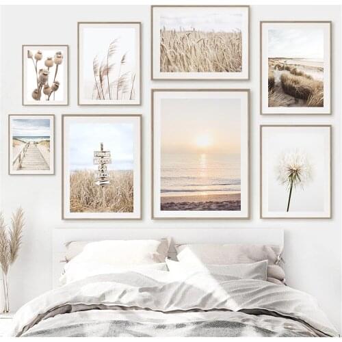Beach Wave Sand Grass Canvas Poster Wheat Reed Dandelion Wall Art Paintings Landscape Print Nordic Wall Pictures Home Decoration