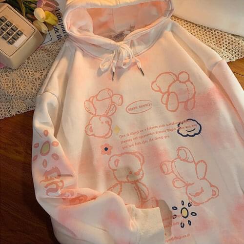 Womens Sweatshirt Pink Cute Bear Print Oversized Sweatshirt Hooded Harajuku Vintage Pullover Teen Clothing Tie Dye Hoodie Women