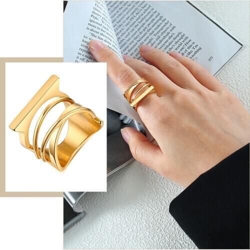 Trendy Gold Tone Statement Chevron Rings for Women, Geometric Chic Lady Wedding Band Stainless Steel Metal Finger Gifts Jewelry
