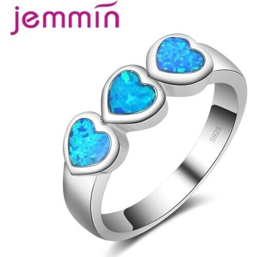 Three Hearts Shaped Ocean Blue Opal Ring 925 Sterling Silver Silver Color Jewelry Rings For Women & Girl Engagement Jewelry