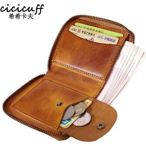 Wrinkled Wallet Vintage Man Short First Layer Cowhide Money Clip Bifold Mens Wallets with Coin Pocket Vertical Zip Small Purse