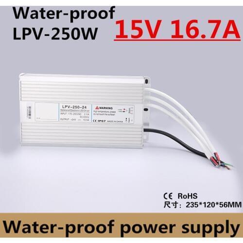 DC 15V 16.7A Waterproof ip67 Electronic LED Driver outdoor use power supply 250W led strip transformers AC-DC constant voltage