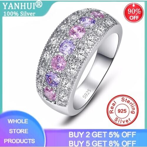 YANHUI Luxury Female Girl Crystal CZ Stones Ring Boho 925 Silver Pink Ring Promise Engagement Rings For Women Ra0152