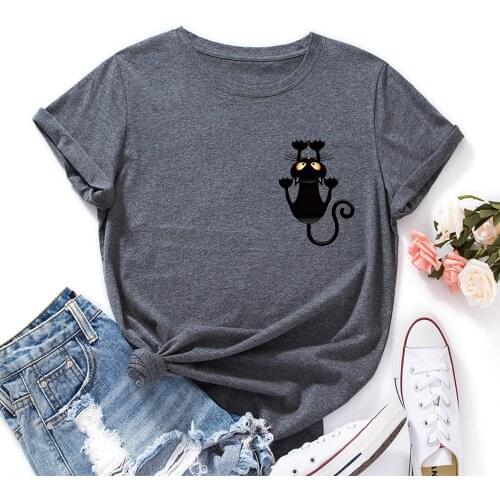 Cartoon Animal Falling Black Cat Printed Graphic Tee for Women Short Sleeve Cotton Summer T-shirts Funny Tops Female Clothes