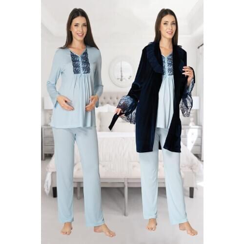 Womens Navy Blue Velvet Sabahlıklı Puerperal Maternity Blue Pajamas set 8088