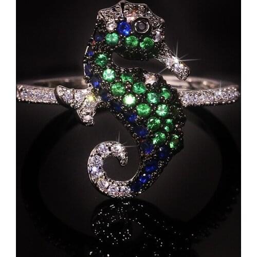 925 Sterling Silver Color Cute Seahorse Hippocampus Ring with Bling Zircon Stone Wedding Engagement Ring Women Fashion Jewelry