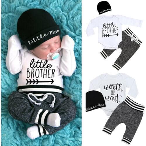 0-18Months Newborn Infant Baby Boy Clothes Cotton Sets Long Sleeve Romper Pant Hats Outfit 3Pcs Baby Warm Clothing Pudcoco