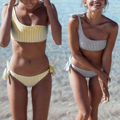 2020 Summer Sexy Womens One Shoulder Striped Push up Bikini Plus size Swimsuits two pieces swimwear Bathing Suit