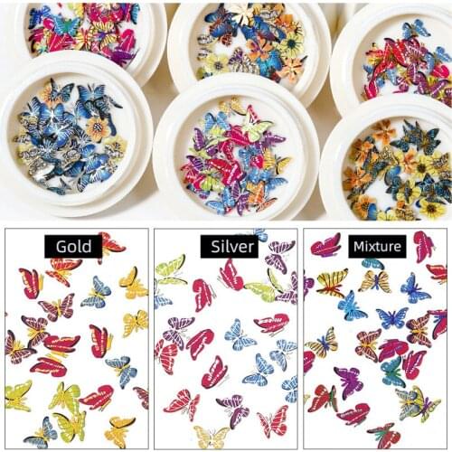 6 Box Nail Art Accessories 3D Flower for Manicure Nail Parts Butterfly Charms Leaf Nail Stickers Set Wood Pulp Nail Jewelry