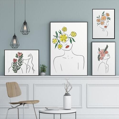 Abstract Boho Wall Art and Planted Face Women Canvas Prints Wall Art Nordic Plants Posters For Living Room Home Decor No Frame
