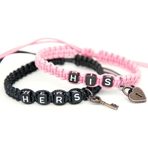 2pcs/pair Couple Bracelets Pink His And Black Hers With Key Lock Rope Chain Lovers Gift Handmade Girlfriend Gift Charm Bracelets