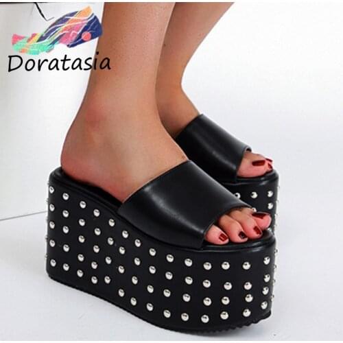 DORATASIA Brand New Ladies Slippers Solid Peep Toe Slip On Casual Women Slippers Metal Outside Comfy High Wedges Shoes Woman