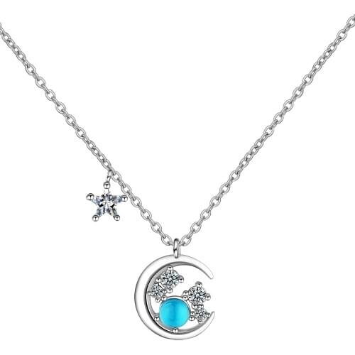 Lucy Five Star Silver Crystal S925 Moon Shape Sky Blue Round Stone Ball Necklace Shinny Present Drop Shipping For Birthday