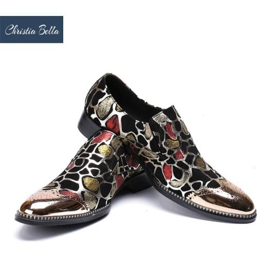 Christia Bella Golden Iron Mens Business Dress Shoes Ochre Printed Borgues Oxfords Breathable Summer Shoes for Men Size 38-47