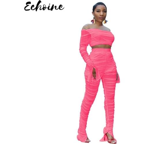 Echoine Sexy Sheer Mesh Two Piece Set Off Shoulder Long Flare Sleeve Backless Crop Top Ruched Split Pants Night Club Outfits