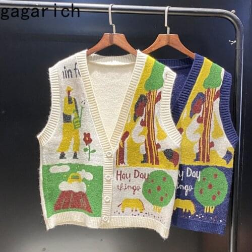 Gagarich Cute Knitting Vest Woman Japanese 2021 Autumn New College Style Graffiti Print Single Breast V-neck Versatile Cardigan