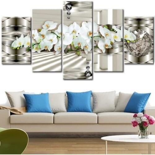 5PCS/Set Diamond Flower Fashion Wall Art Canvas Painting Orchid Flower Modern Home Decoration,Choose Color:4 And Size:3 No Frame