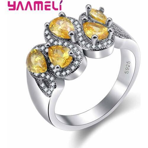 925 Sterling Silver Rings For Women Girl Luxury Five Yellow Stone Decorated With Crystal Party Jewelry Wedding Souvenir
