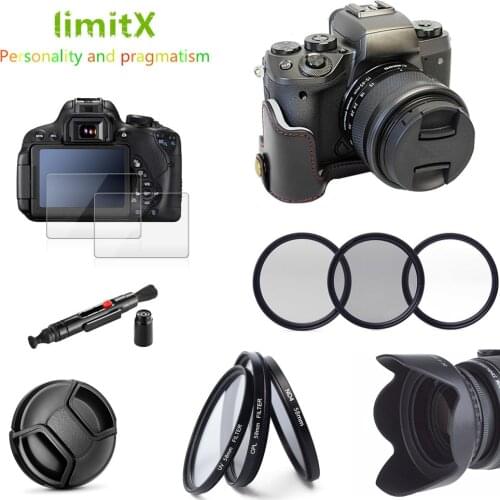 Accessories kit Half Body Leather Case + Filter + Lens Hood Cap + Glass LCD Protector for Canon EOS M50 with 15-45mm lens Camera