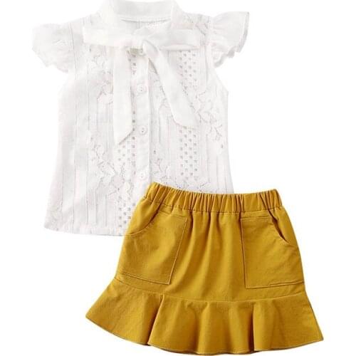 Toddler Kids Baby Girls Summer Outfit Clothes Hollow Elegant Blouse Shirts Tops+Ruffles Mini Tutu Skirt 2PCS Sets