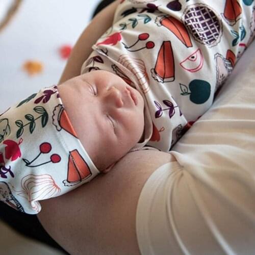 2 Pcs Newborn Printing Receiving Blanket+Beanie Hat Set Baby Infants Swaddle Wrap Knotted Bonnet Kit
